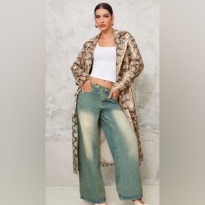 PrettyLittleThing Snake Print Coat with Blue Wide Leg Jeans